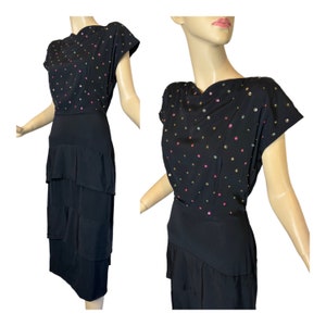 Vintage 40s Black Crepe Evening Dress with Confetti Sequins & Studs