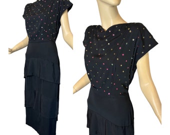 Vintage 40s Black Crepe Evening Dress with Confetti Sequins & Studs