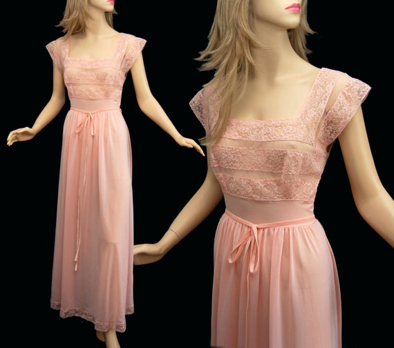 Vintage 50s Pink Nightgown // 1950s Nylon and Lace