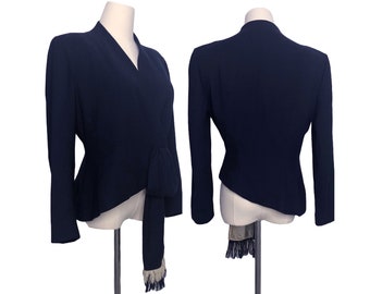 Vintage 50s Lilli Ann Jacket Navy Blue Wool Asymmetrical with Hip Sash