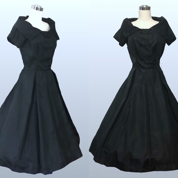 Vintage 50s Black Satin Double Breasted Evening Cocktail New Look Dress