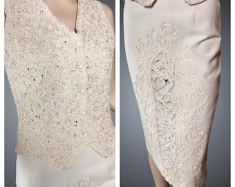 Vintage 70er Jahre Set Baumwoll Rock & Weste Ensemble Applizierte Bänder Design Ausschnitte