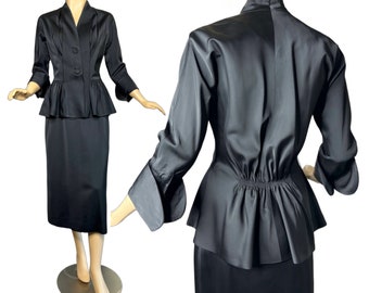 Vintage 40s Black Satin Suit Evening Wear by Nat Tuman *Gorgeous* Designer Details