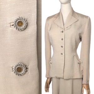 1940s Suit~Vintage 40s Suit Champagne Silk Nipped Waist Shoulder Pads Fab Buttons Jacket Skirt