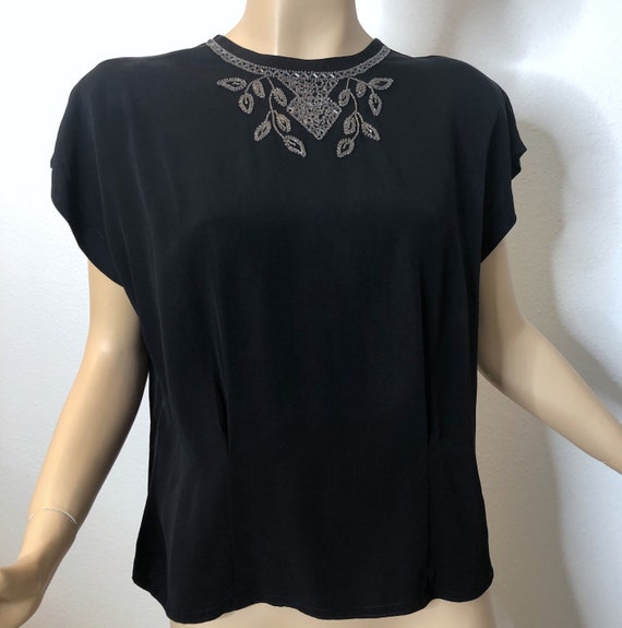 Vintage 40s Beaded Blouse Black Button Back Rayon… - image 2