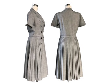Vintage 60s Gray and White Check Double Breasted Buttons Pleated Dress B41