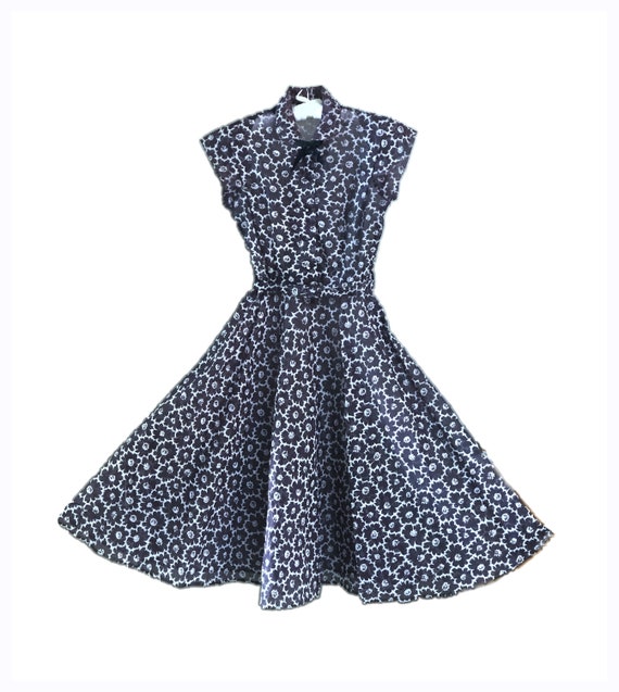 Vintage 50s Dress Sheer Navy & Silvery White Flora