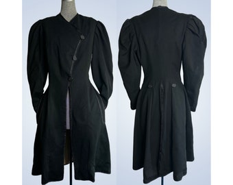 Antique Edwardian Black Wool Coat Circa 1908 Asymetrical Button Closure Split Skirt Pockets Braided Trim