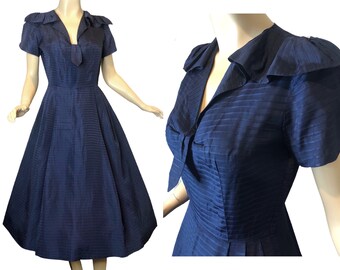 Vintage 40s Saphire Blue Taffeta Dress Pintucks & Ruffles