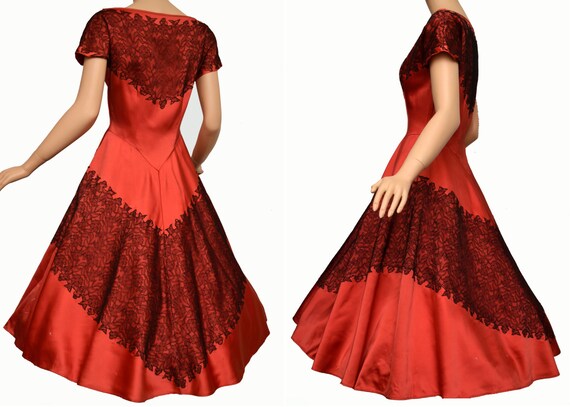 Vintage 50s Coral Red Satin and Black Chantilly L… - image 2