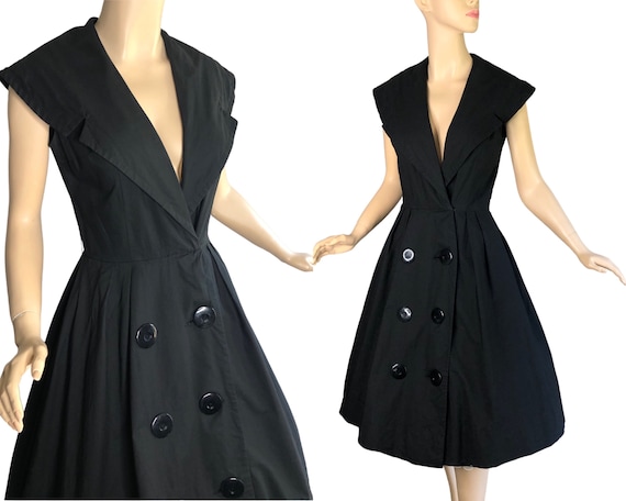 Vintage 50s Dress Black Cotton Platter Collar Big… - image 5