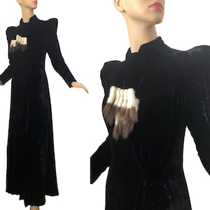 Vintage 30s Black Velvet Opera Coat Attached Scarf with Ermine Fur Fringe