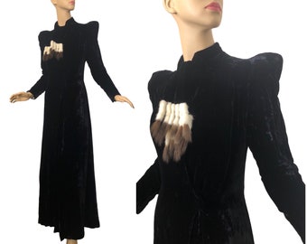 Vintage 30s Black Velvet Opera Coat Attached Scarf with Ermine Fur Fringe