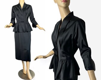 Vintage 40s Black Satin Suit Evening Wear by Nat Tuman *Gorgeous* Designer Details