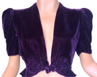 Vintage 30s Purple Velvet Jacket Puff Sleeves Peplum Frog Rosette Closure