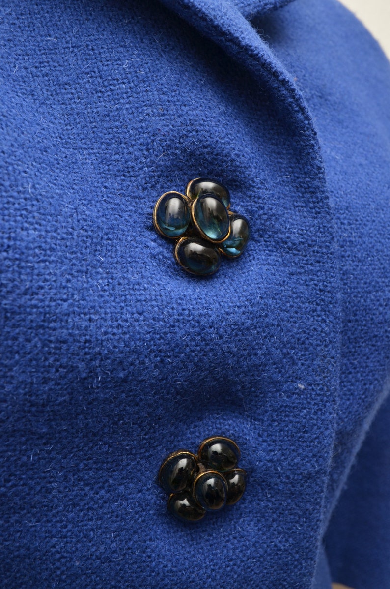 Vintage 50s 60s Cropped Jacket Lapis Blue Wool Amazing Cabochon Buttons image 4