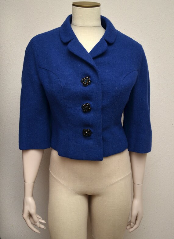 Vintage 50s 60s Cropped Jacket Lapis Blue Wool Ama