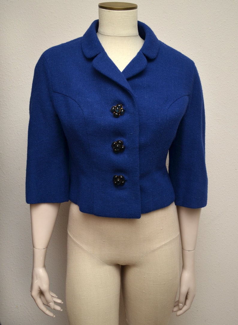 Vintage 50s 60s Cropped Jacket Lapis Blue Wool Amazing Cabochon Buttons image 1