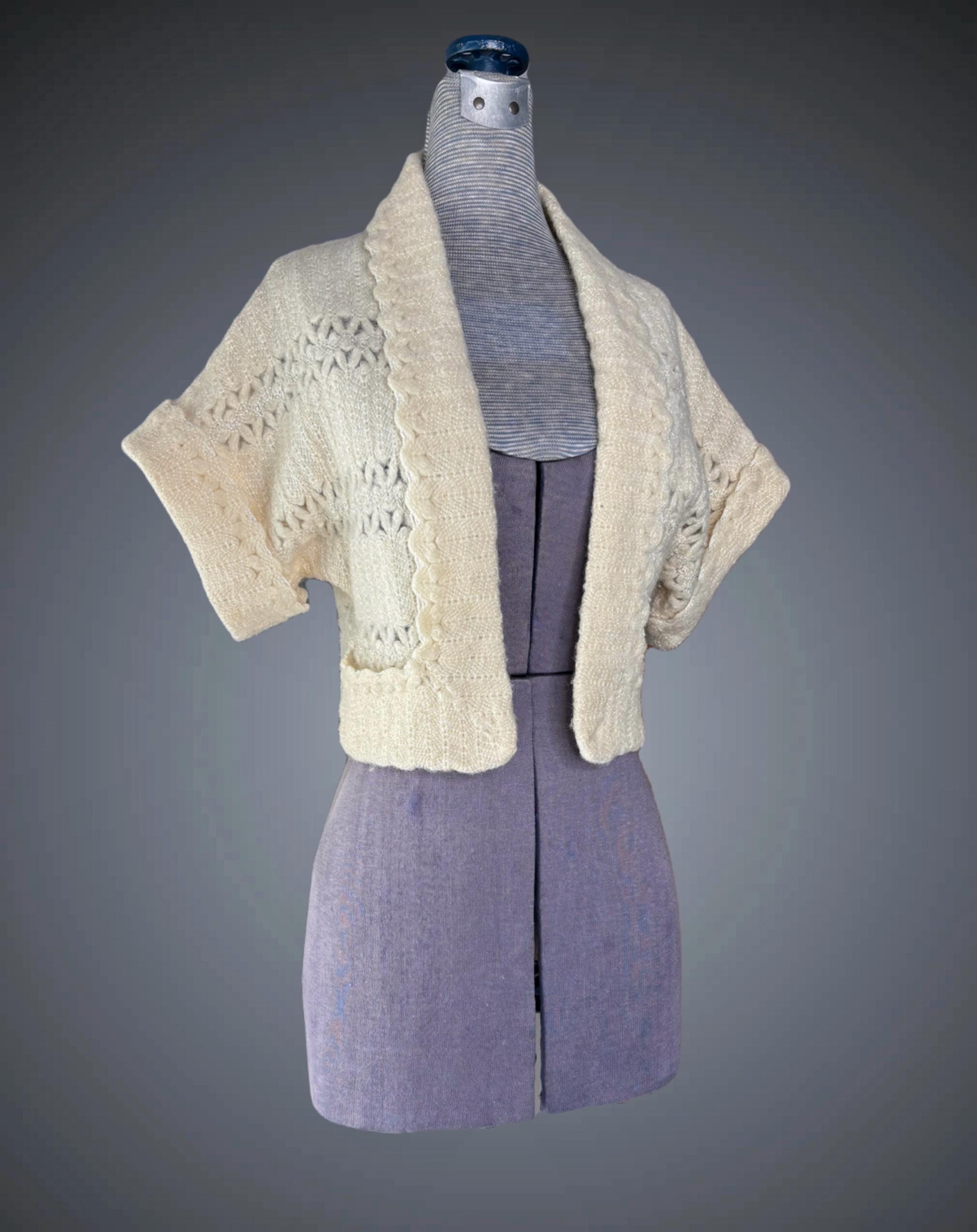Vintage 50s Hand Knit Bolero Sweater Cream with Silver Lurex and Pockets