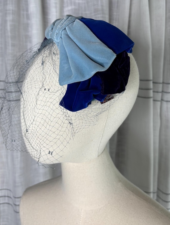 Vintage Navy Blue Velvet Hat with Netting Vintage Pillbox Hat - Dark Navy Blue Velvet Juliet or Calot  main image 3
