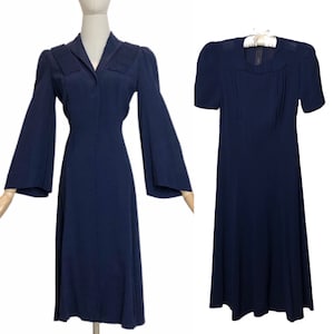 Vintage 1940s Dress & Coat Ensemble Bell Sleeves Navy Crepe