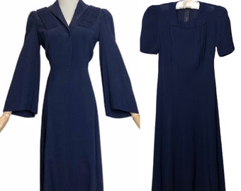 Vintage 1940s Dress & Coat Ensemble Bell Sleeves Navy Crepe