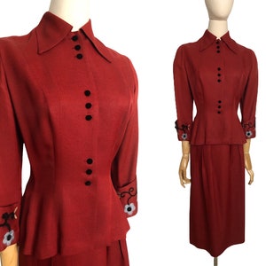 Vintage 40s Suit Carmine Red Sharkskin Light Wool Peplum Embroidered Cuffs