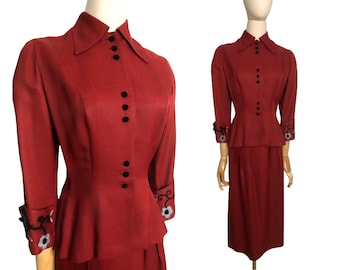 Vintage 40s Suit Carmine Red Sharkskin Light Wool Peplum Embroidered Cuffs