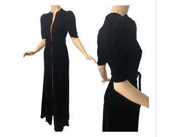 Vintage 30s Ink Black Velvet Dress Zippered Long Evening Hostess Gown