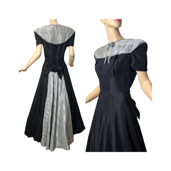 Vintage 40s Evening Dress by New York Creation Black & Plaid Taffeta Full Skirt and Bows