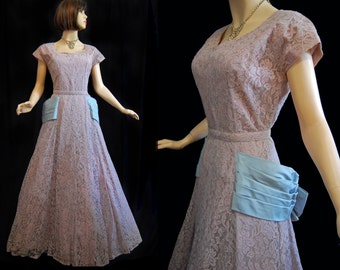 Vintage 40 Dress Lilac Mauve Lace & Ice Blue Satin DUBARRY New York Princess Evening or Wedding Gown