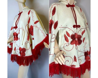 Vintage Poncho Bohemian Cozy White Fleece with Red Satin Floral and Leaf Embroidery & Red Fringes