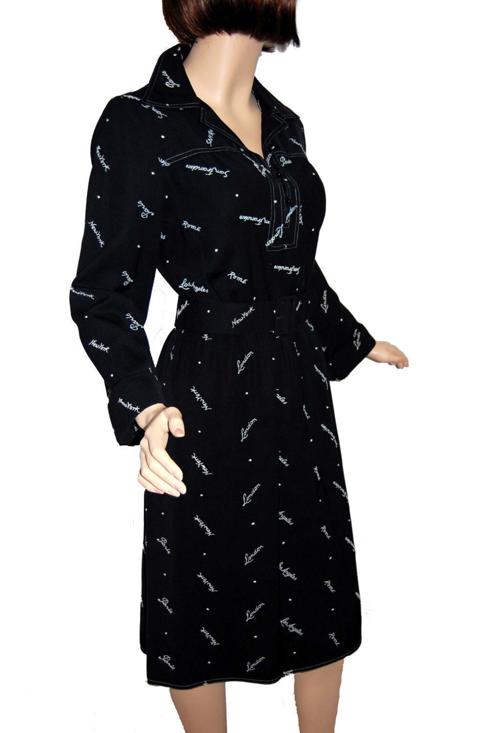 Vintage 70s Dress // Black and White Novelty Dress // Embroidered City Chic PARIS, LONDON, NY Vintage 70s Dress // Black and White Novelty Dress // Embroidered City Chic PARIS, LONDON, NY