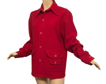 Vintage 70s Red Wool Shirt Jacket Shacket Multi-Pockets
