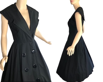 Vintage 50s Dress Black Cotton Platter Collar Big Buttons