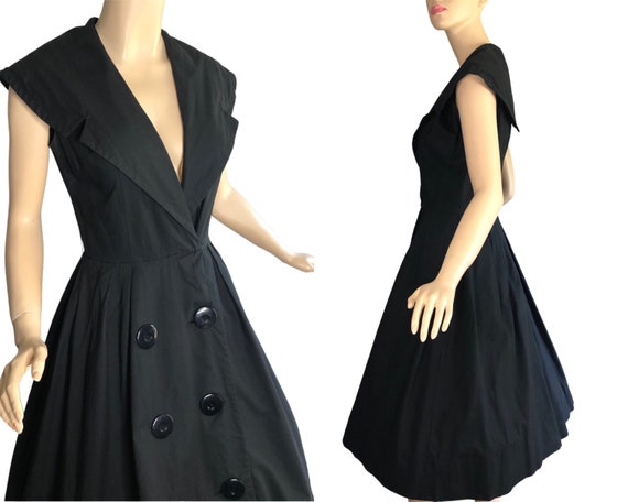 Vintage 50s Dress Black Cotton Platter Collar Big… - image 1