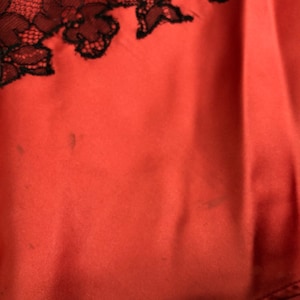 Vintage 50s Coral Red Satin and Black Chantilly Lace Holiday Dress Full ...