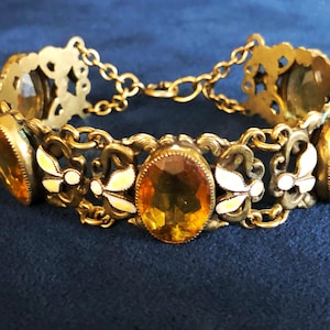 Vintage 30s Golden Cut Rhinestone and Enamel Link Bracelet
