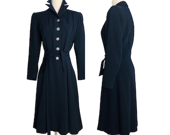 Vintage 1930s-1940s Black Coat Fit & Flare Fab Details and Buttons