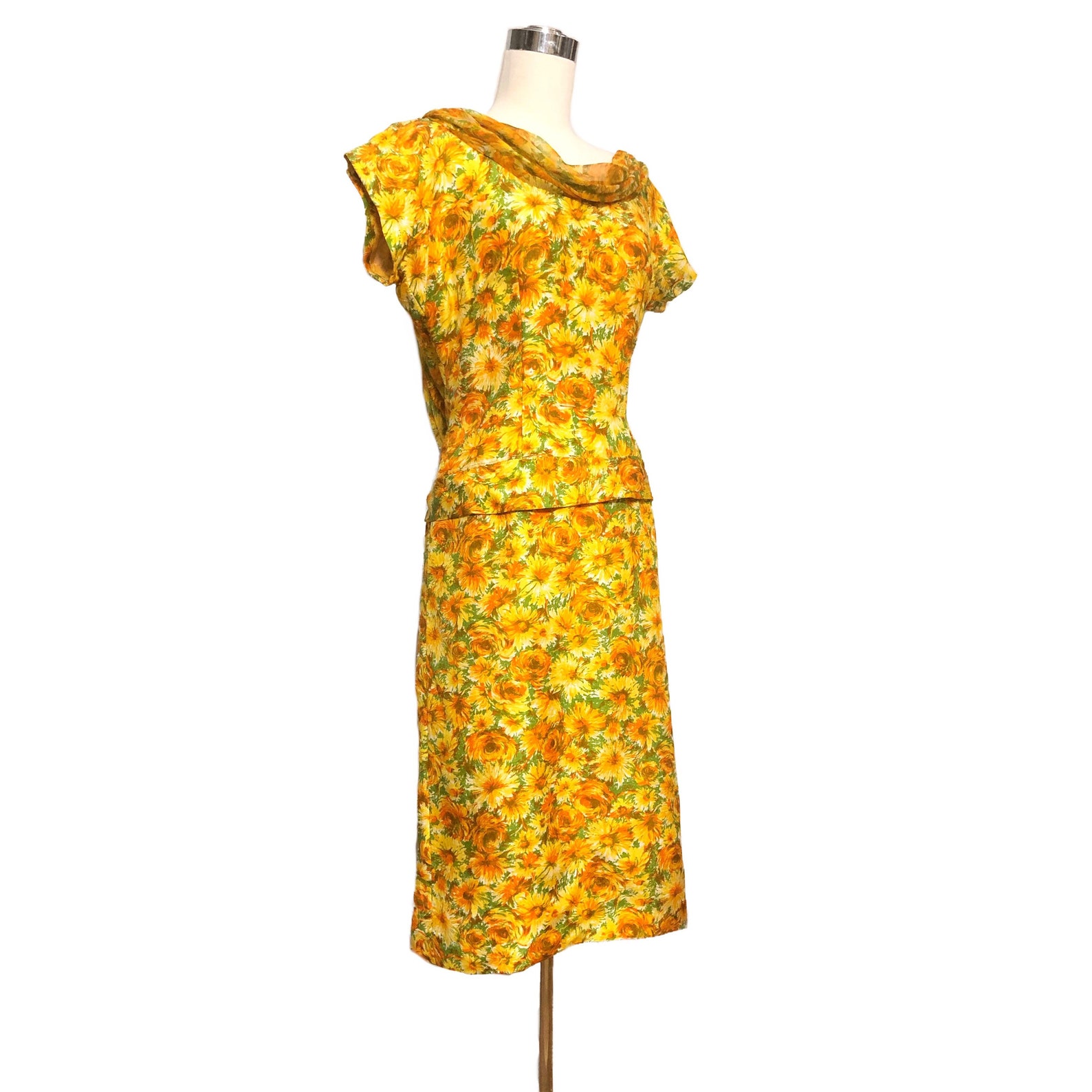 Vintage 50s Floral Silk Dupioni & Chiffon Dress Mandarin - Etsy