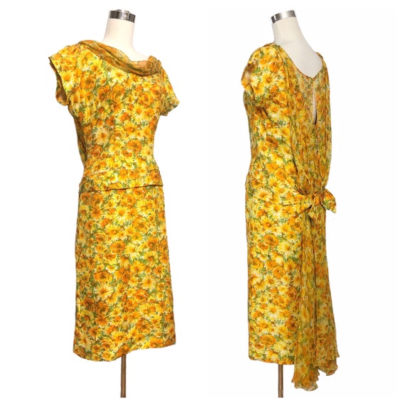Vintage 50s Floral Silk Dupioni & Chiffon Dress M… - image 2
