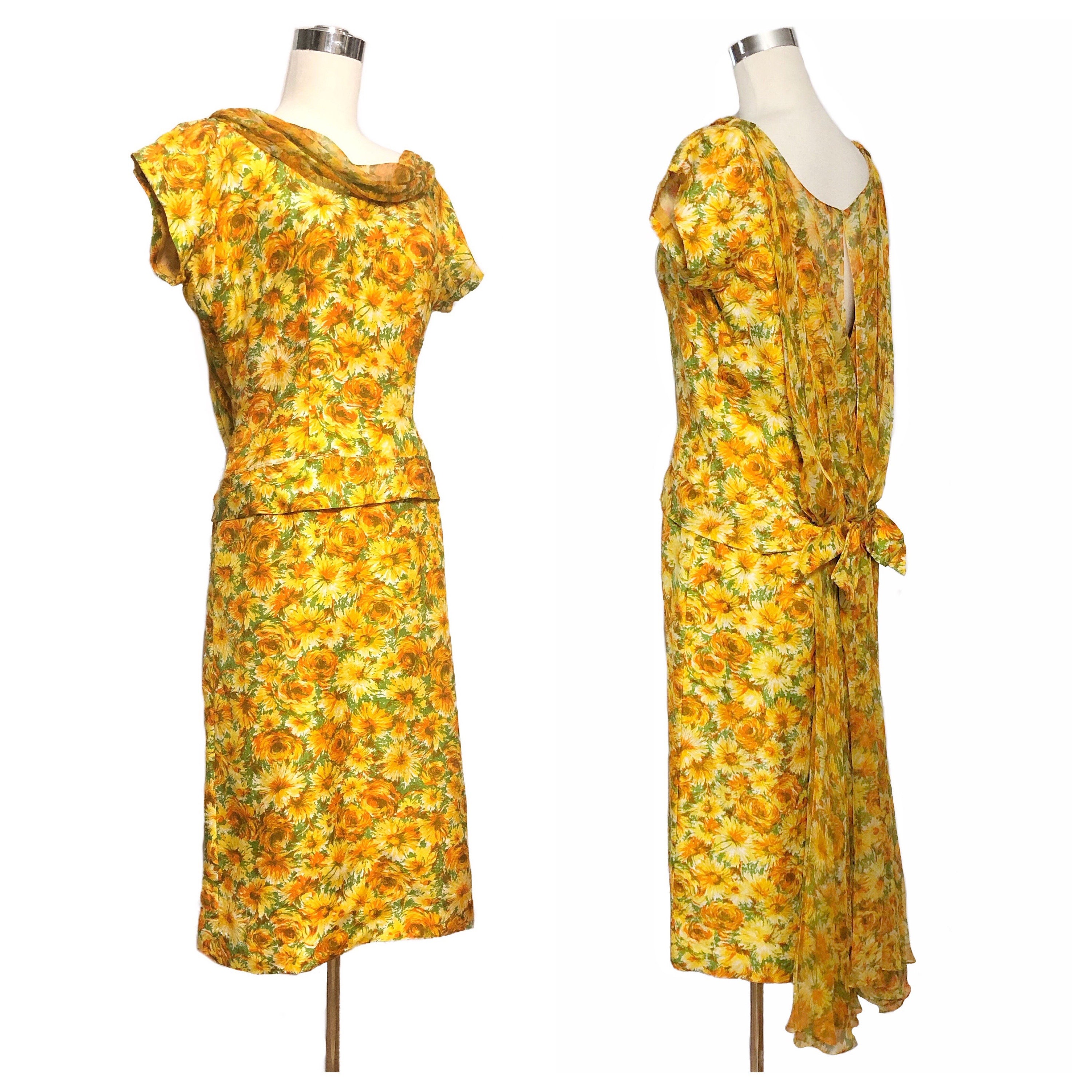 Vintage 50s Floral Silk Dupioni & Chiffon Dress Mandarin - Etsy