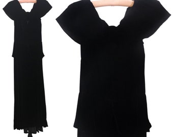 Vintage 40s Black Velvet Dress Floor Length Peplum Gown