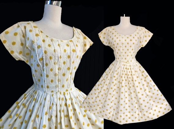 Vintage 50s Cotton Dress Cream & Gold Full Skirt S