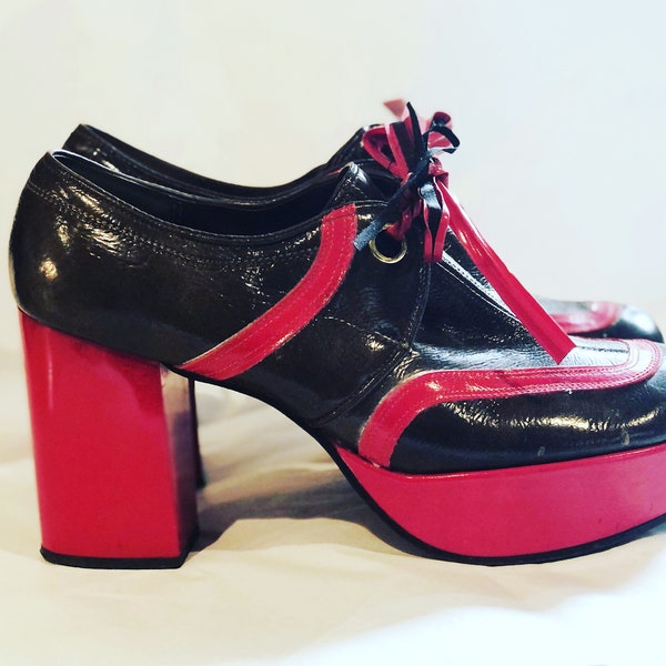 Auténticos Zapatos Vintage 70s Plataforma Tacones Gruesos Charol Rojo y Marrón