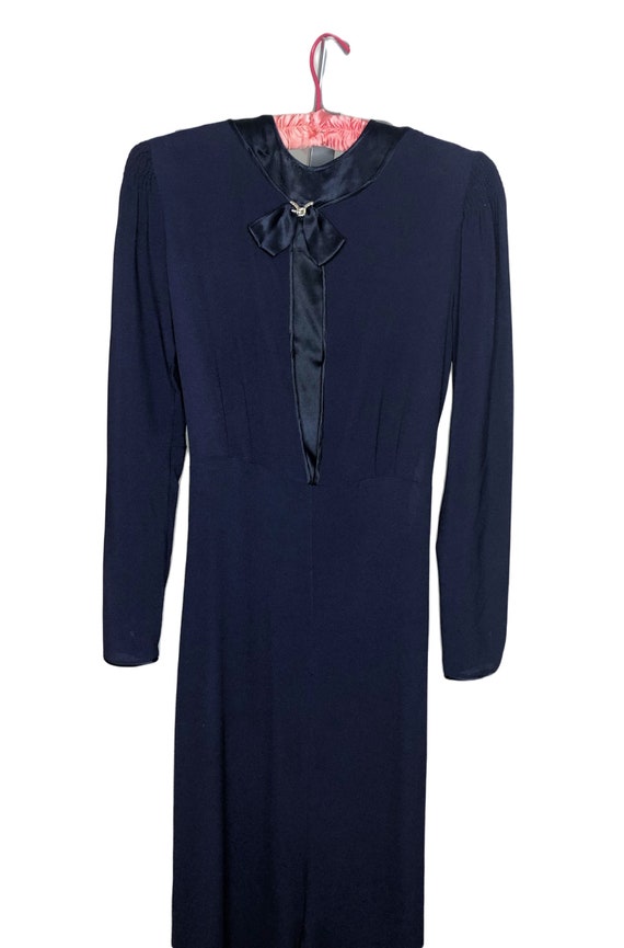 Vintage 40s Dress in Navy Blue Crepe Satin Inset … - image 3