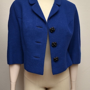 Vintage 50s 60s Cropped Jacket Lapis Blue Wool Amazing Cabochon Buttons image 2