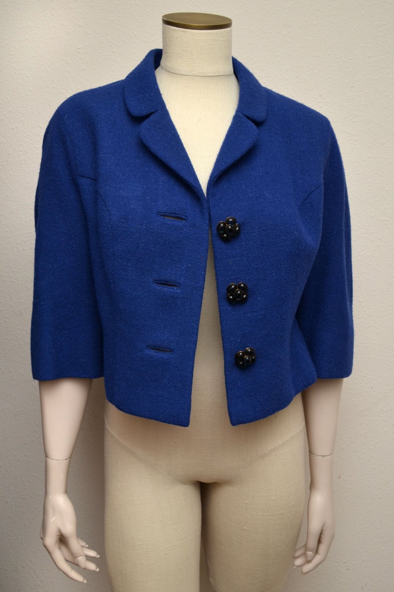 Vintage 50s 60s Cropped Jacket Lapis Blue Wool Amazing Cabochon Buttons image 2