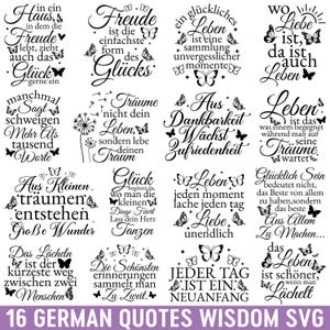 Peut inclure: Une collection de seize motifs graphiques numériques en noir et blanc présentant des citations inspirantes en allemand et des illustrations de papillons. Chaque motif comprend une typographie décorative et divers motifs de papillons disposés en grille.