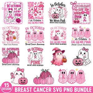 In October We Wear Pink Png, Breast Cancer Awareness Png, Halloween Pink Ghost Png, Retro Breast Cancer Png, Halloween Shirt Png,Sublimation